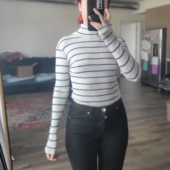 Cream Light Pink Blue Ribbed Stripe Turtleneck Mock Neck Long Sleeve Shirt - Picture 1 of 2